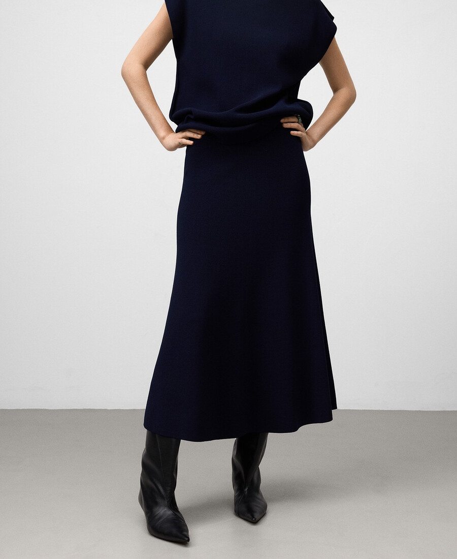 gonna a trapezio in maglia blu navy da donna