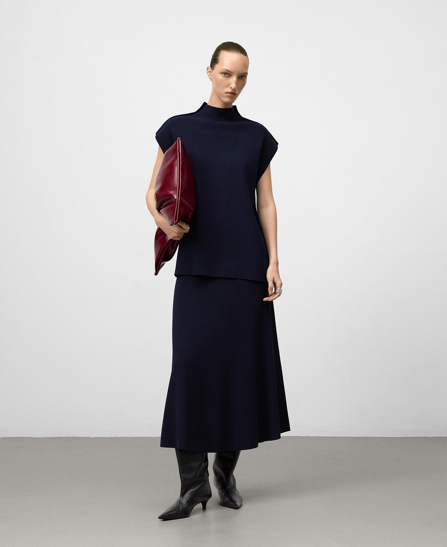 gonna a trapezio in maglia blu navy da donna