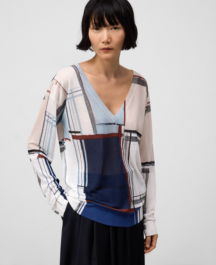 maglione stampato con scollo a v da donna
