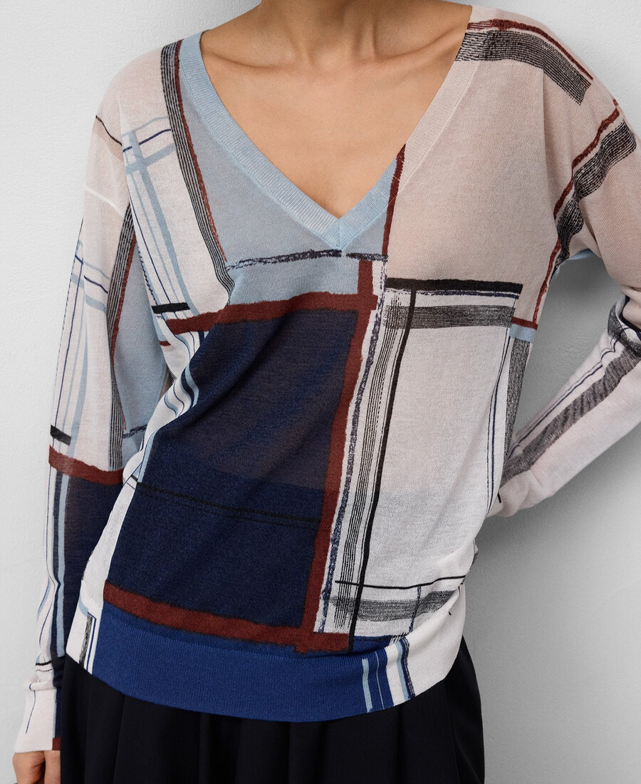 maglione stampato con scollo a v da donna