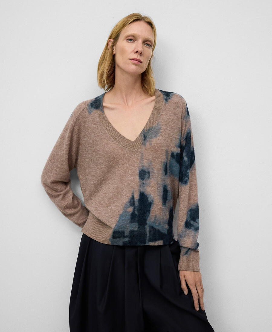maglione da donna in maglia stampata con scollo a v