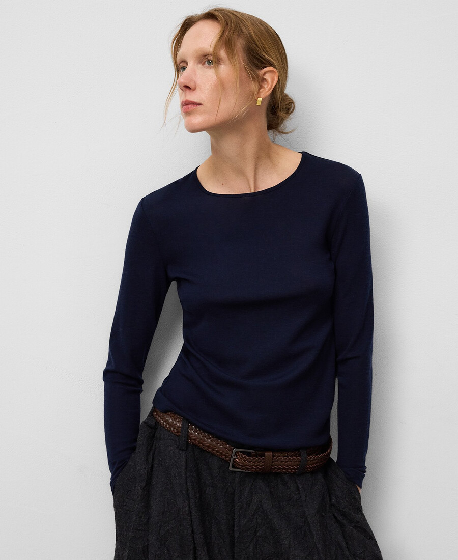 t-shirt girocollo in lana merino da donna