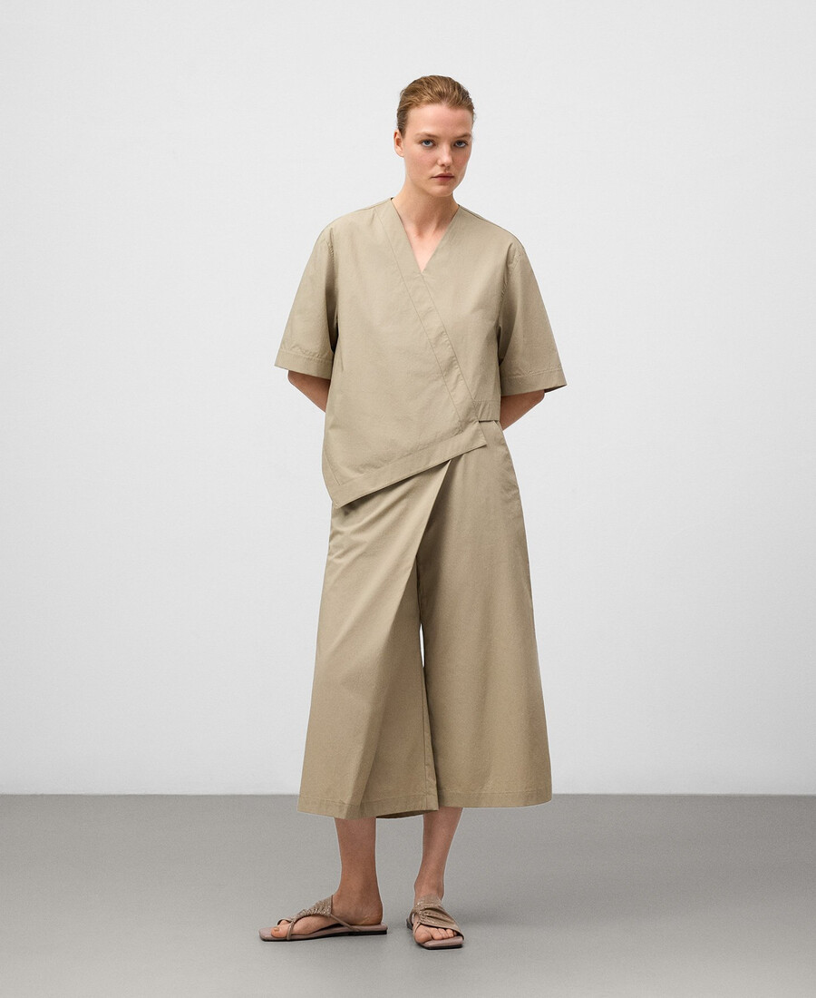pantaloni cropped avvolgenti in cotone da donna