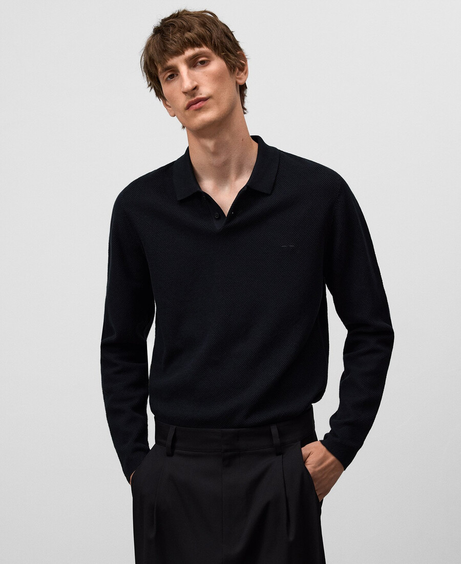polo da uomo a maniche lunghe in maglia strutturata