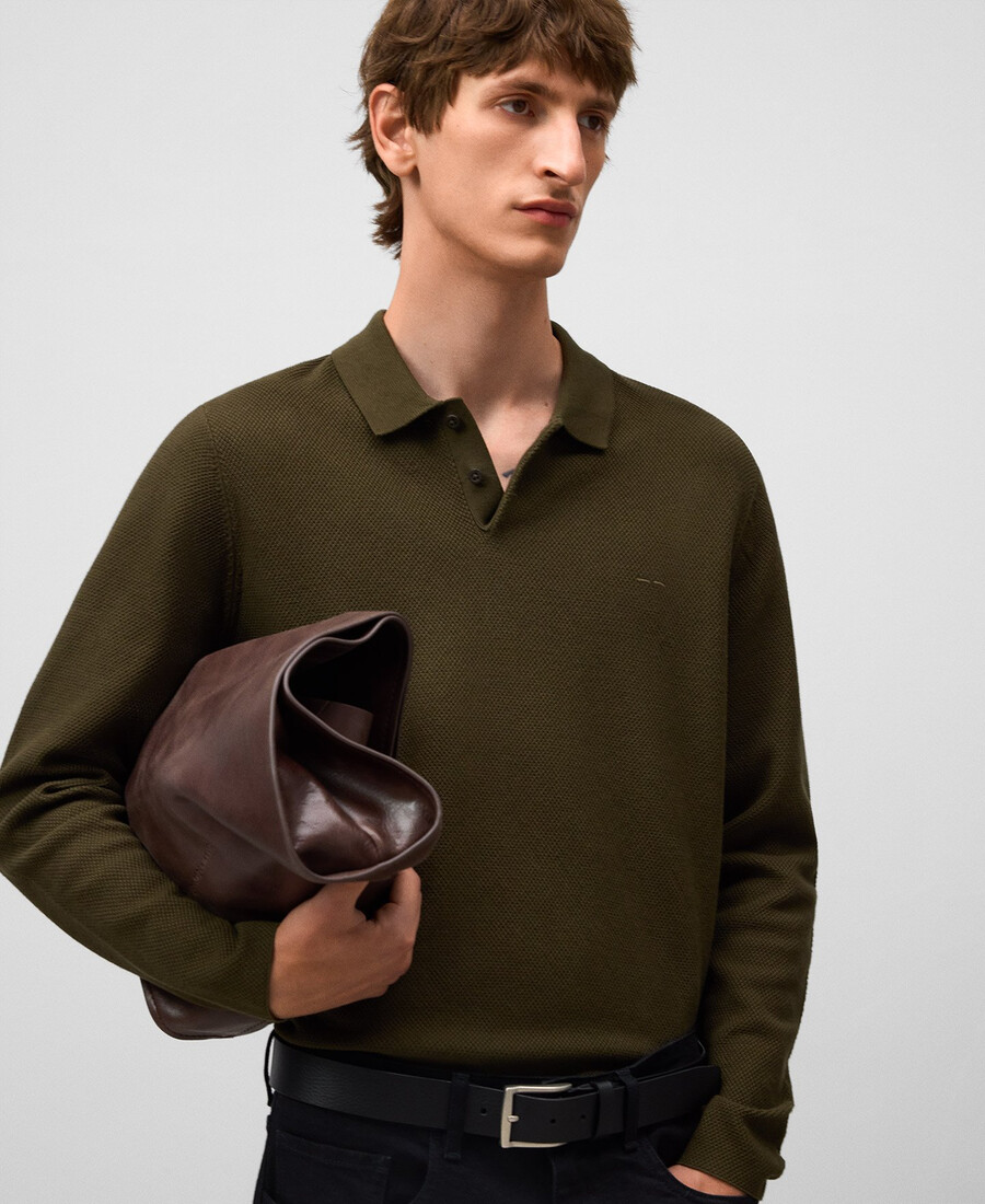 polo da uomo a maniche lunghe in maglia strutturata